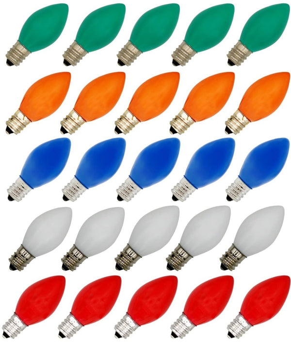 Creative Hobbies 25 Pack C7 LED Multicolor Replacement Light Bulbs for Christmas Light Strings, 0.7W Ceramic LED Vintage Light Bulbs for C7 Outdoor String Lights,